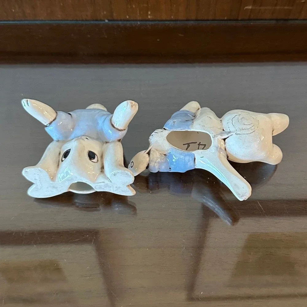 Vintage Playful Ceramic Bunny Figurines Set Blue Overalls Handstand Easter Decor